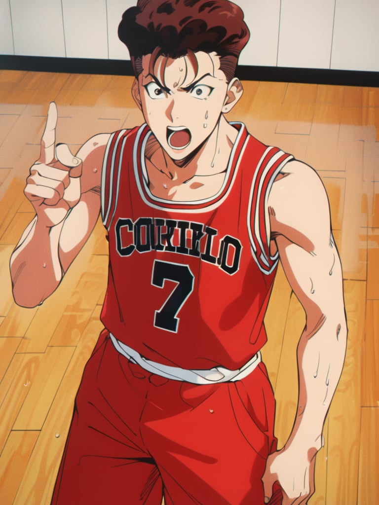 (ry0tamiyagi), shouting, red basketball uniform, sweat, wooden floor, holding one finger up, red shorts, skinny fit build, ultra high definition, masterpiece, best quality, 1080p, retro artstyle