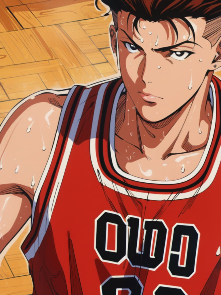 (ry0tamiyagi), close up, red basketball uniform, sweat, wooden floor, skinny fit build, ultra high definition, masterpiece, best quality, 1080p, retro artstyle