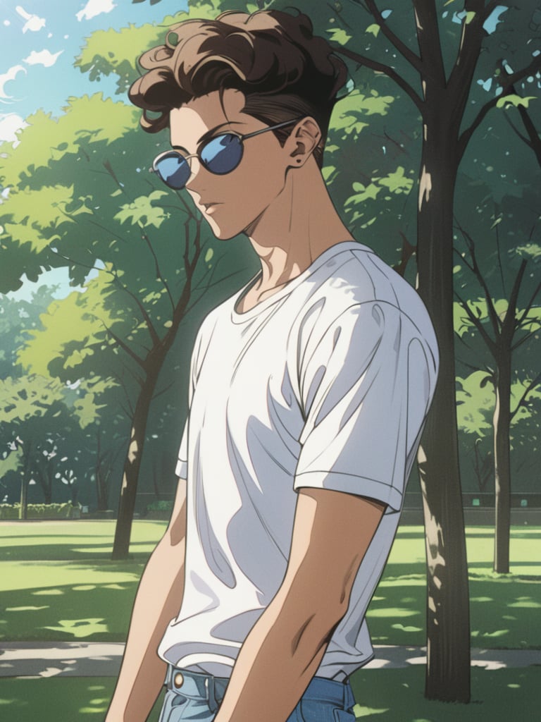 (ry0tamiyagi), sunglasses, dark brown hair, white shirt, day, in a park, skinny fit build, ultra high definition, masterpiece, best quality, 1080p, retro artstyle