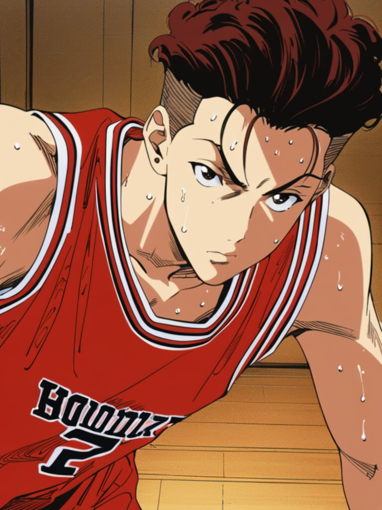 (ry0tamiyagi), serious, red basketball uniform, sweat, wooden floor, leaning forward, arms up, skinny fit build, ultra high definition, masterpiece, best quality, 1080p, retro artstyle