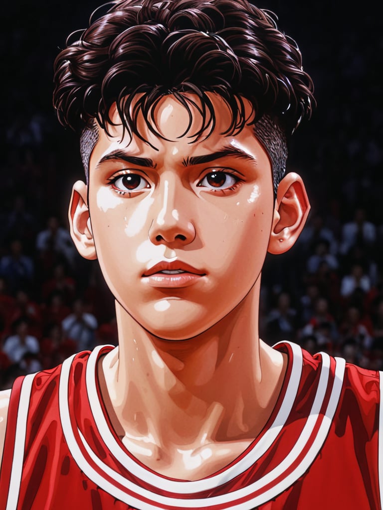 (ry0tamiyagi), close up, serious, dark brown hair, red basketball uniform, sweat, skinny fit build, ultra high definition, masterpiece, best quality, 1080p