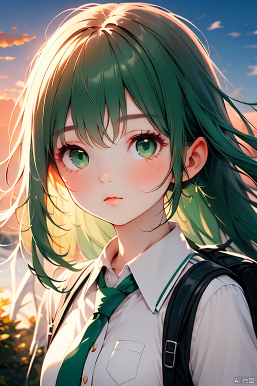  1girl, solo, long hair, looking at viewer, blush, bangs, shirt, closed mouth, green eyes, white shirt, upper body, outdoors, Light Pink hair, necktie, sky, collared shirt, cloud, bag, lips, backpack, sunset, green necktie, girl, xinyue