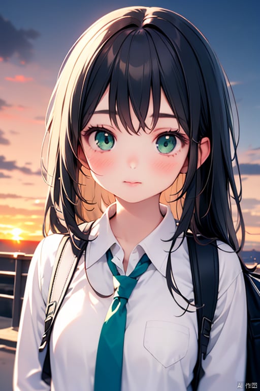 1girl, solo, long hair, looking at viewer, blush, bangs, shirt, closed mouth, green eyes, white shirt, upper body, outdoors, 粉色 hair, necktie, sky, collared shirt, cloud, bag, lips, backpack, sunset, green necktie, girl