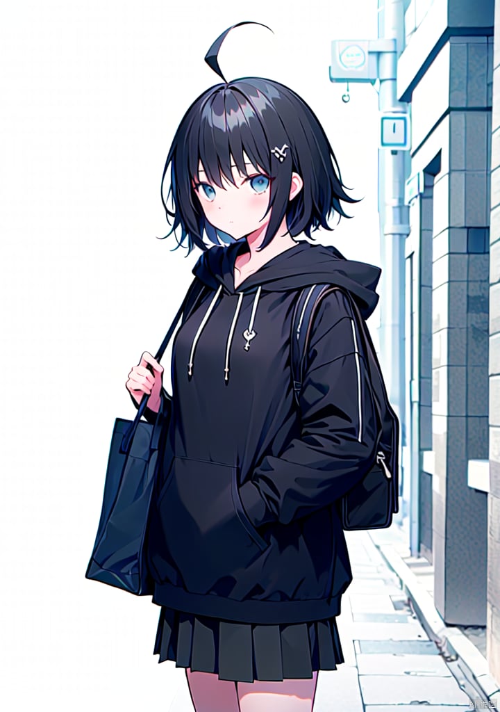  1girl, Hoodie,ahoge, bag, basket,, hair_ornament, looking_at_viewer, schoolbag, skirt,black_hair, girl,JK clothing,Chinese style