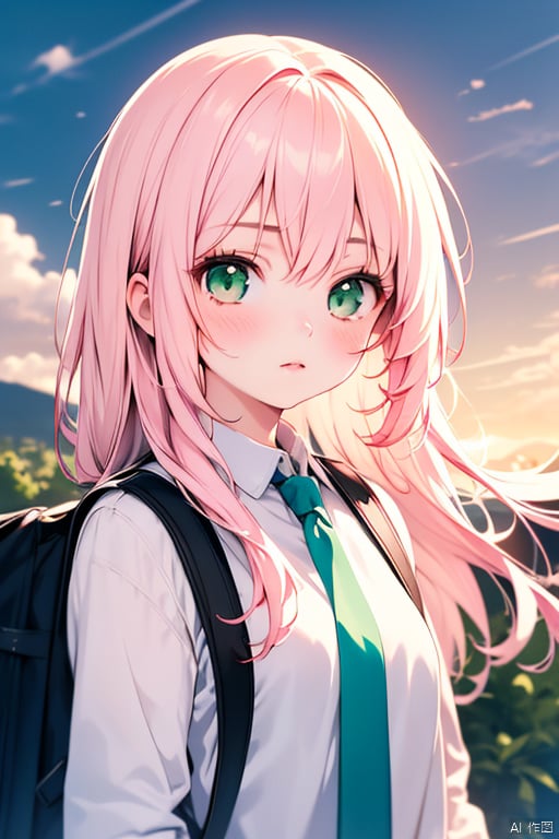 1girl, solo, long hair, looking at viewer, blush, bangs, shirt, closed mouth, green eyes, white shirt, upper body, outdoors, Light Pink hair, necktie, sky, collared shirt, cloud, bag, lips, backpack, sunset, green necktie, girl