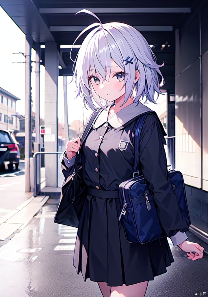  1girl, ahoge, bag, basket, dress, hair_ornament, looking_at_viewer, schoolbag, skirt,white_hair, girl,JK clothing