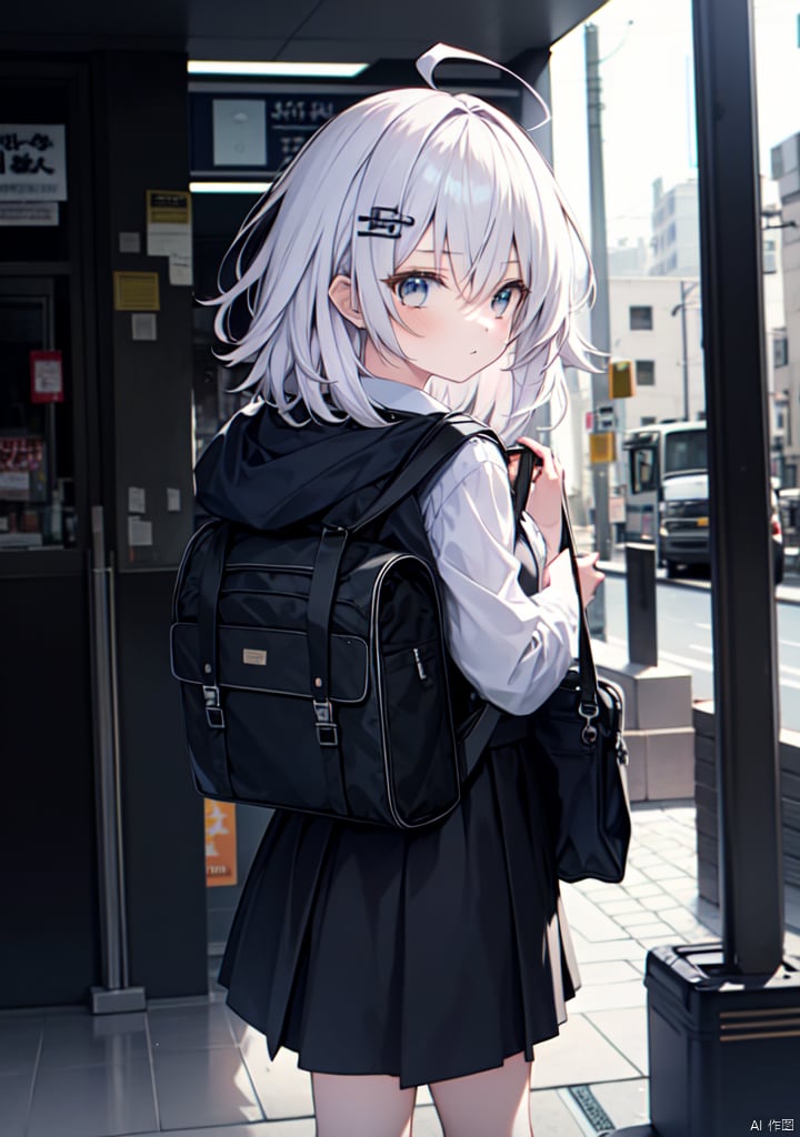  1girl, ahoge, bag, basket, dress, hair_ornament, looking_at_viewer, schoolbag, skirt,white_hair, girl,JK clothing