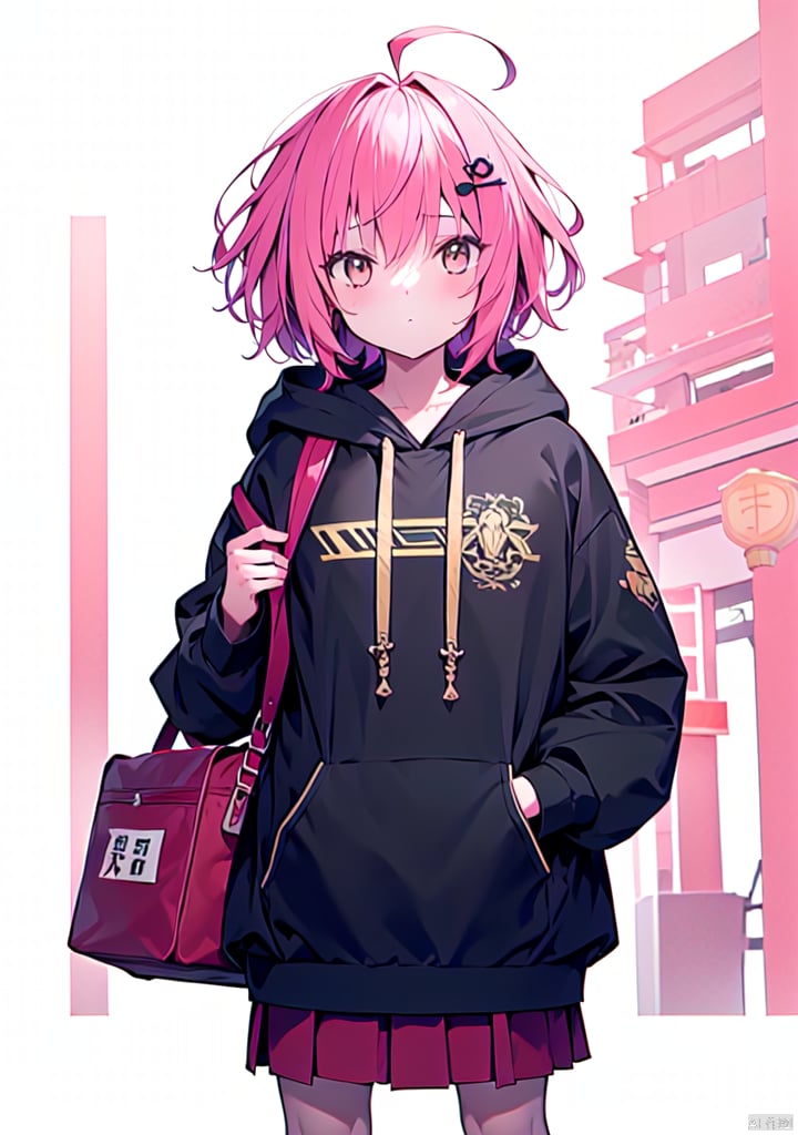  1girl, Hoodie,ahoge, bag, basket,, hair_ornament, looking_at_viewer, schoolbag, skirt,Pink_hair, girl,JK clothing,Chinese style