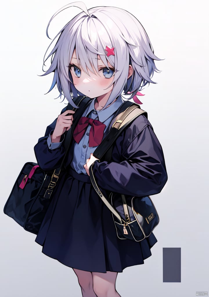  1girl, ahoge, bag, basket, dress, hair_ornament, looking_at_viewer, schoolbag, skirt,white_hair, girl