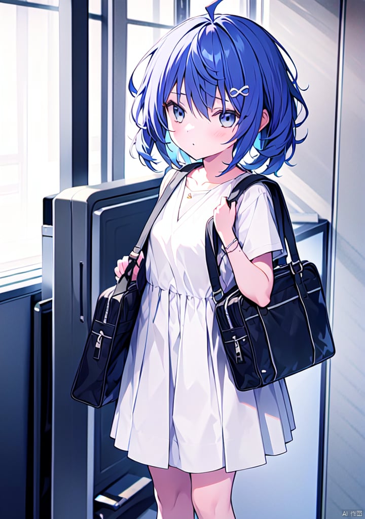  1girl, ahoge, bag, basket, whitedress, hair_ornament, looking_at_viewer, schoolbag, skirt,blue_hair, girl,JK clothing