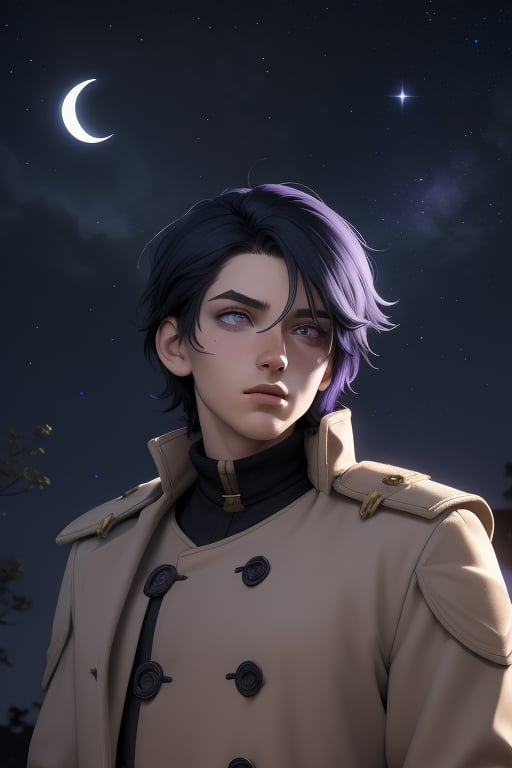 Raven is a handsome 18-year-old man. long  black_grey hair, long shoulder-length haircut. His eye color is purple. ((Detailed Face)), He has an athletic build. he is wearing a beige coat. He wears a black uniform. In the background the night sky full of stars, the silver moon. Interactive image. Highly detailed. 1boy, Raven, sciamano240, Fantasy Style Background,
