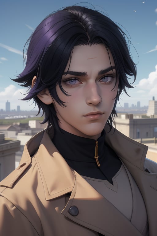 Raven is a handsome 18-year-old man. long  grey_black hair, long shoulder-length haircut. His eye color is purple. ((Detailed Face)), He has an athletic build. he is wearing a beige coat. He wears a black uniform. in the background the city in the distance, the blue sky. Interactive image. Highly detailed. 1boy, Raven, sciamano240, Fantasy Style Background,