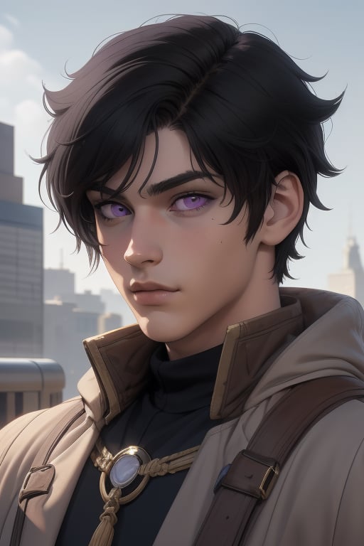 Raven is a handsome 18-year-old man. hair ((black+brown+grey)). long shoulder-length haircut. Purple eyes. ((Detailed Face)), He has an athletic build. he is wearing a beige coat. He wears a black uniform. in the background the city in the distance, the blue sky. Interactive image. Highly detailed. 1boy, Raven, sciamano240, Fantasy Style Background,