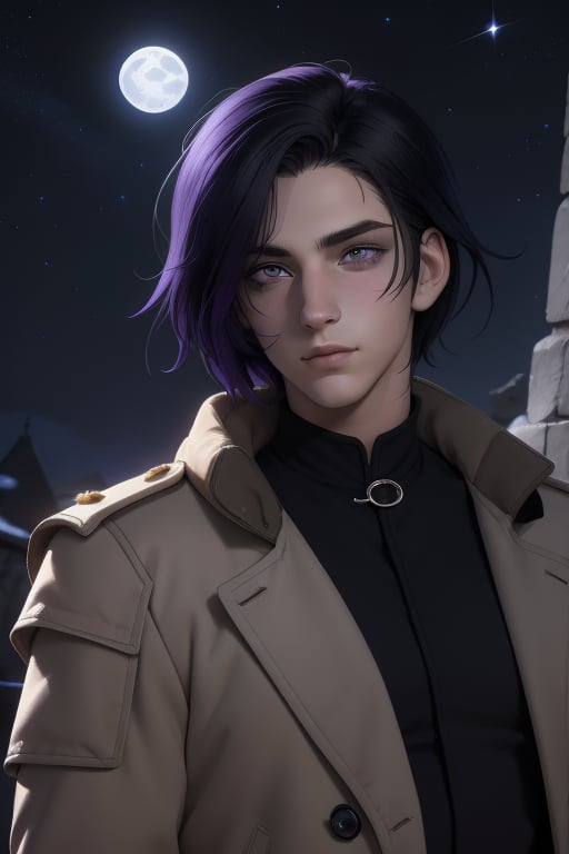 Raven is a handsome 18-year-old man. long  grey_black hair, long shoulder-length haircut. His eye color is purple. ((Detailed Face)), He has an athletic build. he is wearing a beige coat. He wears a black uniform. In the background the night sky full of stars, the silver moon. Interactive image. Highly detailed. 1boy, Raven, sciamano240, Fantasy Style Background,