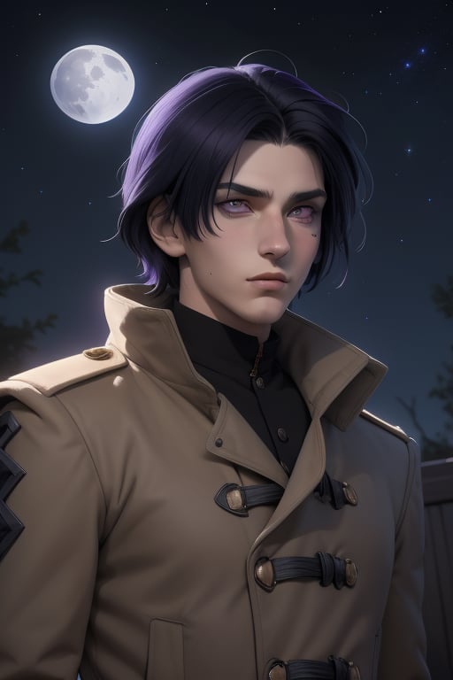 Raven is a handsome 18-year-old man. long  black_grey hair, long shoulder-length haircut. His eye color is purple. ((Detailed Face)), He has an athletic build. he is wearing a beige coat. He wears a black uniform. In the background the night sky full of stars, the silver moon. Interactive image. Highly detailed. 1boy, Raven, sciamano240, Fantasy Style Background,