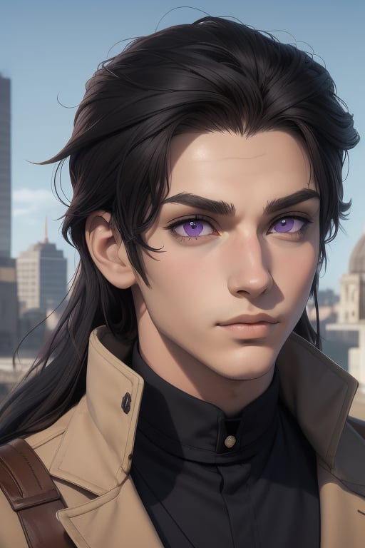 Raven is a handsome 18-year-old man. long  hair (black, brown, grey), long shoulder-length haircut. Purple eyes. ((Detailed Face)), He has an athletic build. he is wearing a beige coat. He wears a black uniform. in the background the city in the distance, the blue sky. Interactive image. Highly detailed. 1boy, Raven, sciamano240, Fantasy Style Background,