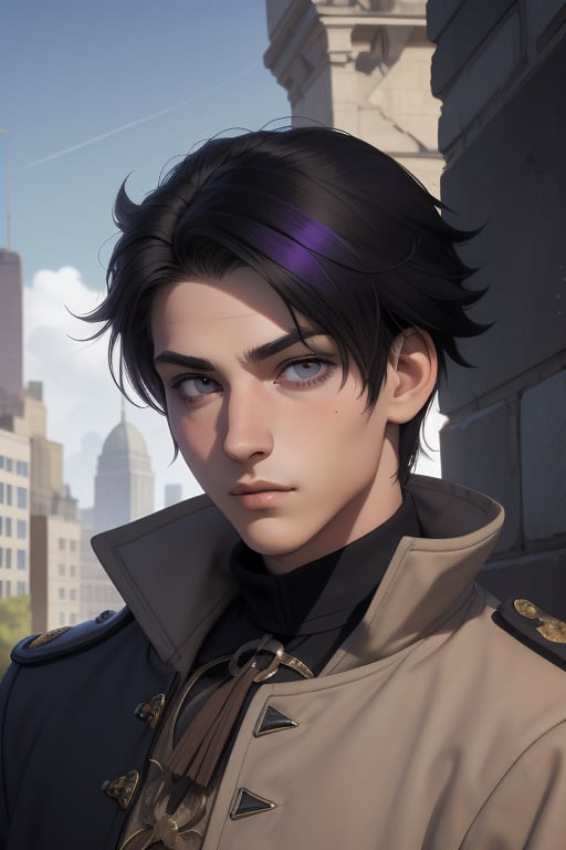 Raven is a handsome 18-year-old man. long  hair (black, brown, grey), long shoulder-length haircut. His eye color is purple. ((Detailed Face)), He has an athletic build. he is wearing a beige coat. He wears a black uniform. in the background the city in the distance, the blue sky. Interactive image. Highly detailed. 1boy, Raven, sciamano240, Fantasy Style Background,