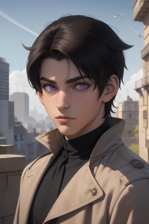 Raven is a handsome 18-year-old man. hair ((black+brown+grey)). long shoulder-length haircut. Purple eyes. ((Detailed Face)), He has an athletic build. he is wearing a beige coat. He wears a black uniform. in the background the city in the distance, the blue sky. Interactive image. Highly detailed. 1boy, Raven, sciamano240, Fantasy Style Background,