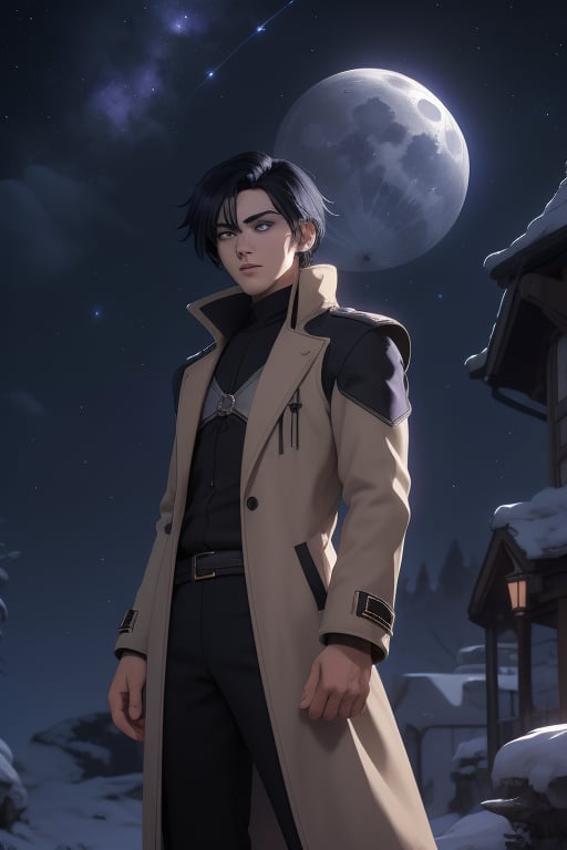Raven is a handsome 18-year-old man with black hair and shoulder-length gray hair. His eye color is purple. He has an athletic build. he is wearing a beige coat. He wears a black uniform. In the background the night sky full of stars, the silver moon. Interactive image. Highly detailed. 1boy, Raven, sciamano240, Fantasy Style Background,