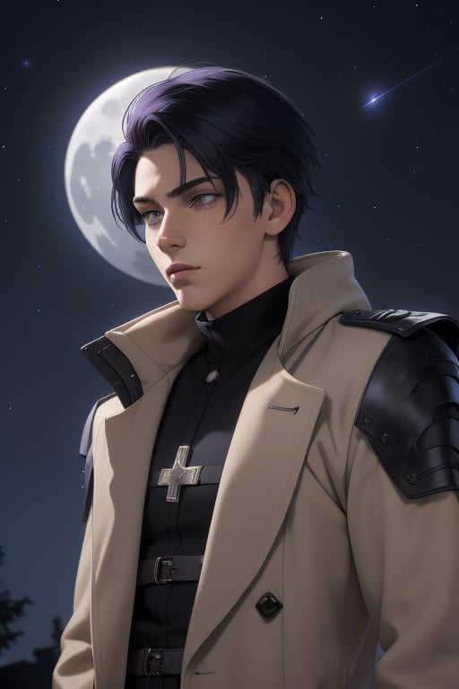 Raven is a handsome 18-year-old man with black hair and shoulder-length gray hair. His eye color is purple. ((Detailed Face)), He has an athletic build. he is wearing a beige coat. He wears a black uniform. In the background the night sky full of stars, the silver moon. Interactive image. Highly detailed. 1boy, Raven, sciamano240, Fantasy Style Background,