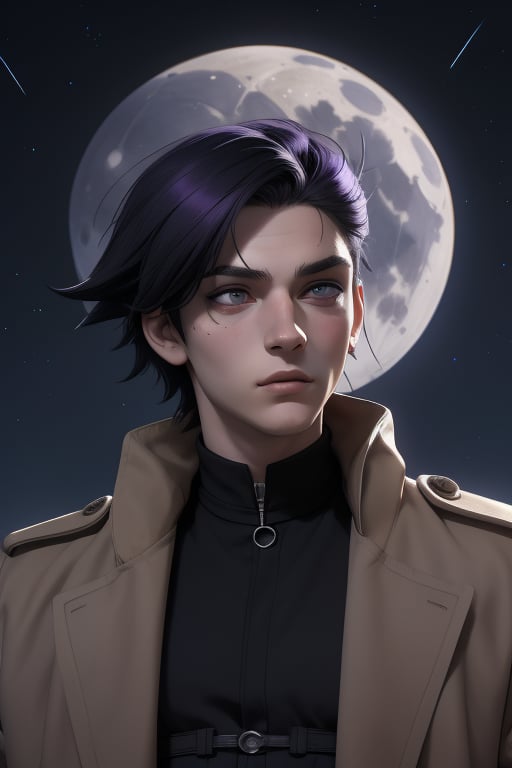 Raven is a handsome 18-year-old man. long  black_grey hair, long shoulder-length haircut. His eye color is purple. ((Detailed Face)), He has an athletic build. he is wearing a beige coat. He wears a black uniform. In the background the night sky full of stars, the silver moon. Interactive image. Highly detailed. 1boy, Raven, sciamano240, Fantasy Style Background,