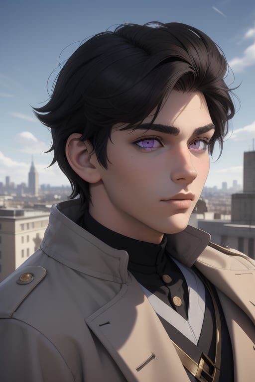 Raven is a handsome 18-year-old man. hair ((black+brown,+grey)), long shoulder-length haircut. Purple eyes. ((Detailed Face)), He has an athletic build. he is wearing a beige coat. He wears a black uniform. in the background the city in the distance, the blue sky. Interactive image. Highly detailed. 1boy, Raven, sciamano240, Fantasy Style Background,