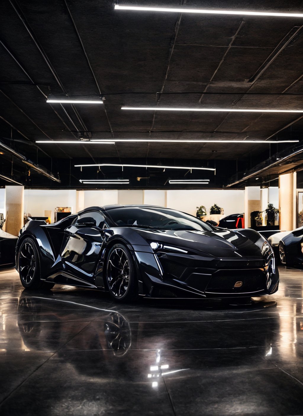 RAW phonograph of Fenyr Supersport car, black color, black car, side view, sky, cool, aesthetic,, full car in frame, full car picture, highly detailed, 8k, 1000mp, ultra sharp, masterpiece, realistic, detailed grills, detailed headlights,4k grill, 4k headlights, showroom, beautiful lighting