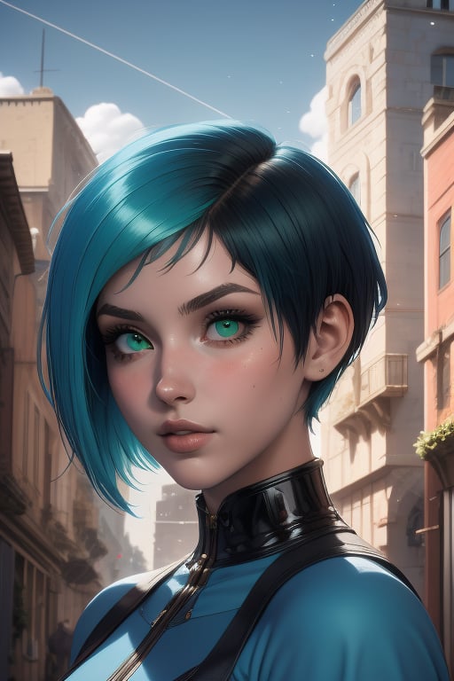 Rease is a beautiful 20-year-old woman. aqua_blue hair. ((very short haircut)). green eyes. ((Detailed Face)), She has an athletic build. big brests, she wears a blue and black dress. in the background the city in the distance, the blue sky. Interactive image. Highly detailed. 1girl, Rease, sciamano240, Fantasy Style Background,