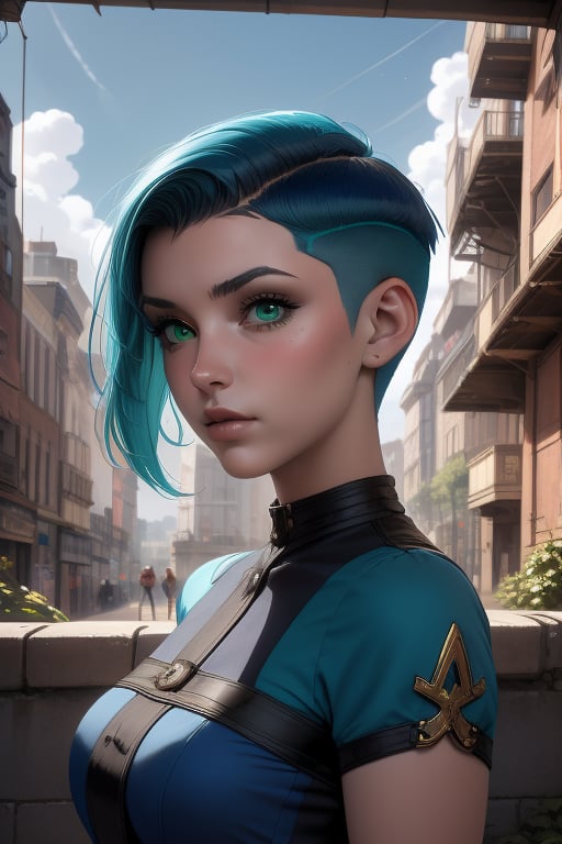 Rease is a beautiful 20-year-old woman. short  aqua_blue hair. ((Choppy Classic Undercut haircut)). green eyes. ((Detailed Face)), She has an athletic build. big brests, she wears a blue and black dress. in the background the city in the distance, the blue sky. Interactive image. Highly detailed. 1girl, Rease, sciamano240, Fantasy Style Background,1girl