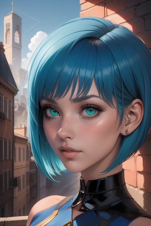 Rease is a beautiful 20-year-old woman. short  aqua_blue hair. ((The Audrey haircut)). green eyes. ((Detailed Face)), She has an athletic build. big brests, she wears a blue and black dress. in the background the city in the distance, the blue sky. Interactive image. Highly detailed. 1girl, Rease, sciamano240, Fantasy Style Background,1girl