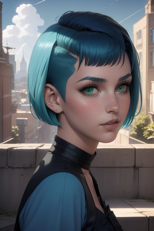 Rease is a beautiful 20-year-old woman. short  aqua_blue hair. ((Choppy Classic Undercut haircut)). green eyes. ((Detailed Face)), She has an athletic build. big brests, she wears a blue and black dress. in the background the city in the distance, the blue sky. Interactive image. Highly detailed. 1girl, Rease, sciamano240, Fantasy Style Background,