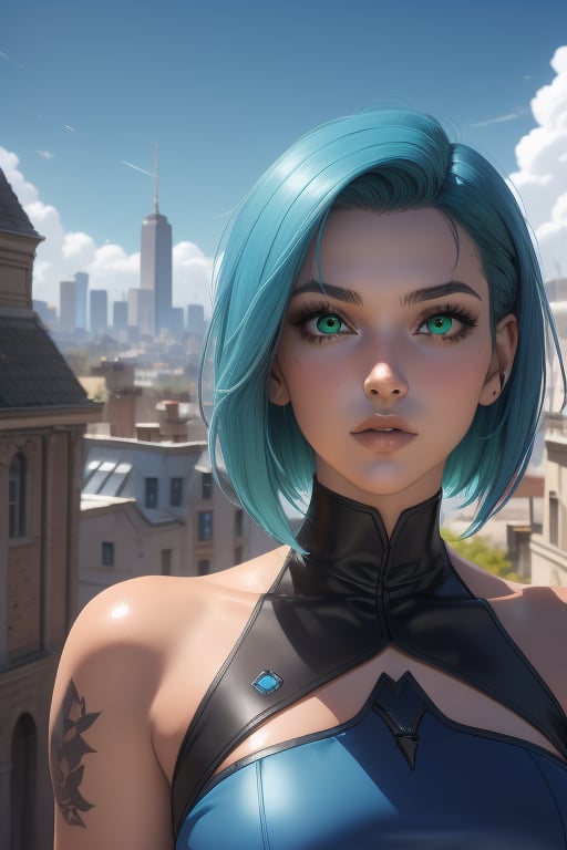 Rease is a beautiful 20-year-old woman. aqua_blue hair. very short haircut. green eyes. ((Detailed Face)), She has an athletic build. big brests, she wears a blue and black dress. in the background the city in the distance, the blue sky. Interactive image. Highly detailed. 1girl, Rease, sciamano240, Fantasy Style Background,