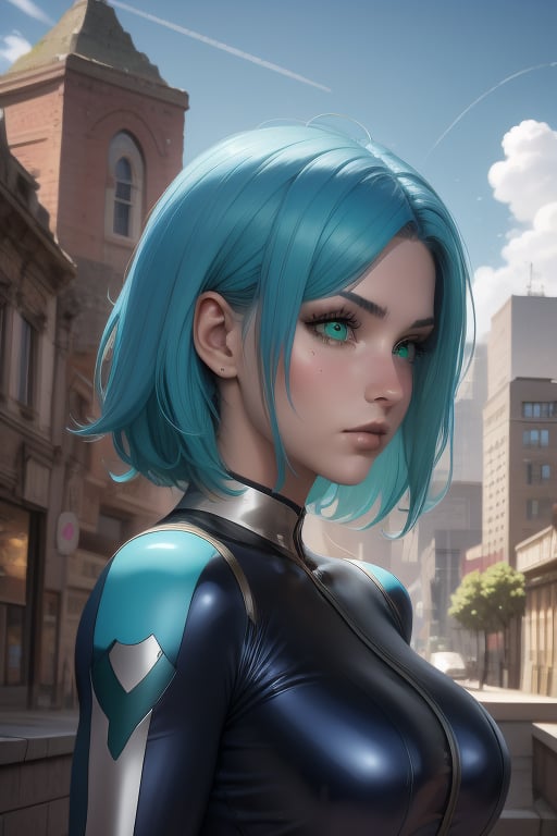 Rease is a beautiful 20-year-old woman. short  aqua_blue hair. green eyes. ((Detailed Face)), She has an athletic build. big brests, she wears a blue and black dress. in the background the city in the distance, the blue sky. Interactive image. Highly detailed. 1girl, Rease, sciamano240, Fantasy Style Background,1girl