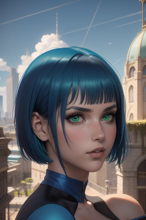 Rease is a beautiful 20-year-old woman. aqua_blue hair. ((very short haircut)). green eyes. ((Detailed Face)), She has an athletic build. big brests, she wears a blue and black dress. in the background the city in the distance, the blue sky. Interactive image. Highly detailed. 1girl, Rease, sciamano240, Fantasy Style Background,