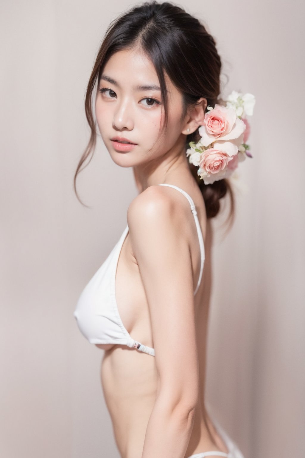 Thai girl, gradient pastel colors bikini model, portrait model, (white rosé background )