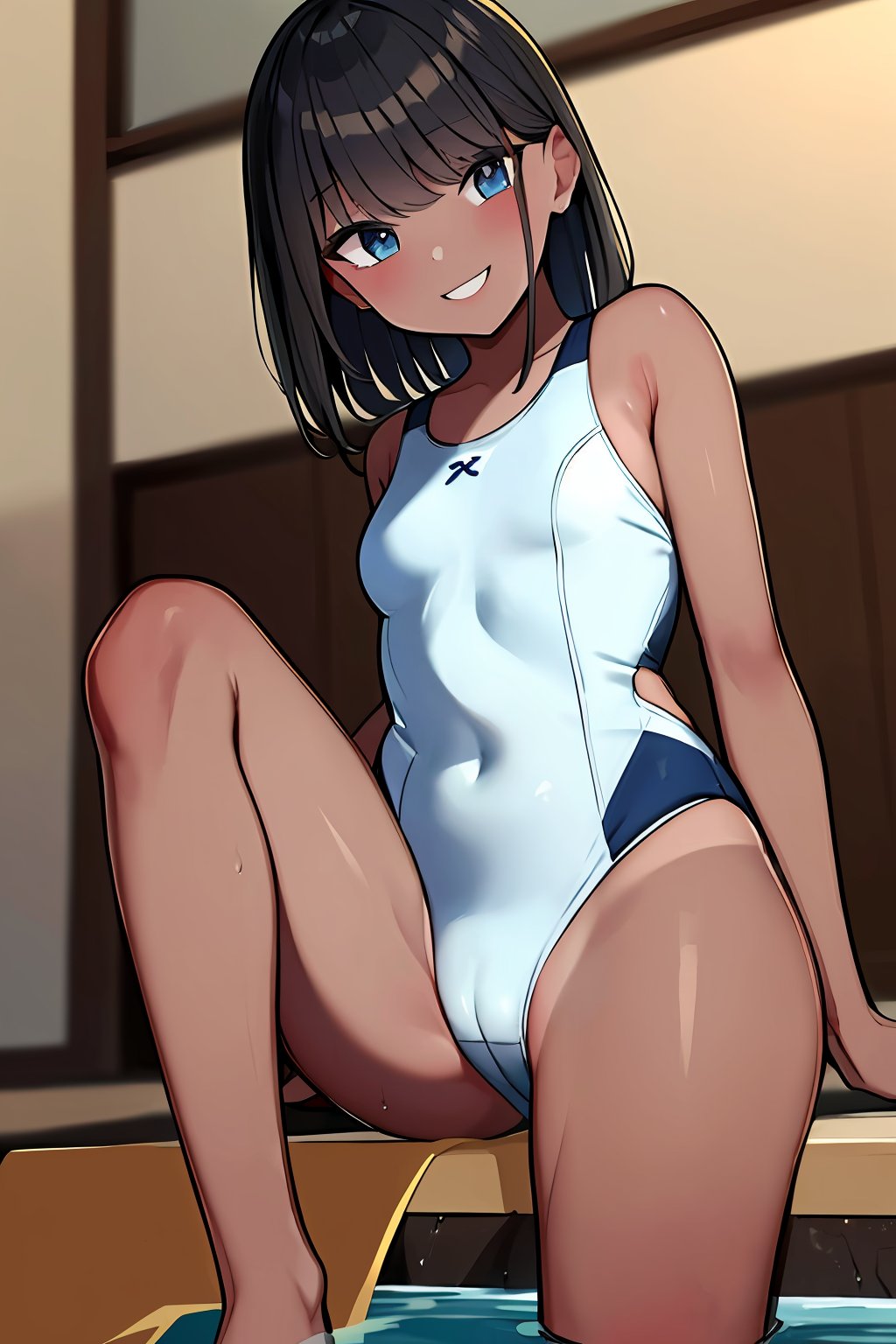 ((masterpiece, best quality, absurdres, highres, ultra detailed, high resolution, very fine 8KCG wallpapers)), 1 girl, solo, camonome, smile, stading, school swimsuit, KK-70, navy one-piece swimsuit, indoor, pool, tan<lora:EMS-333966-EMS:1.000000>