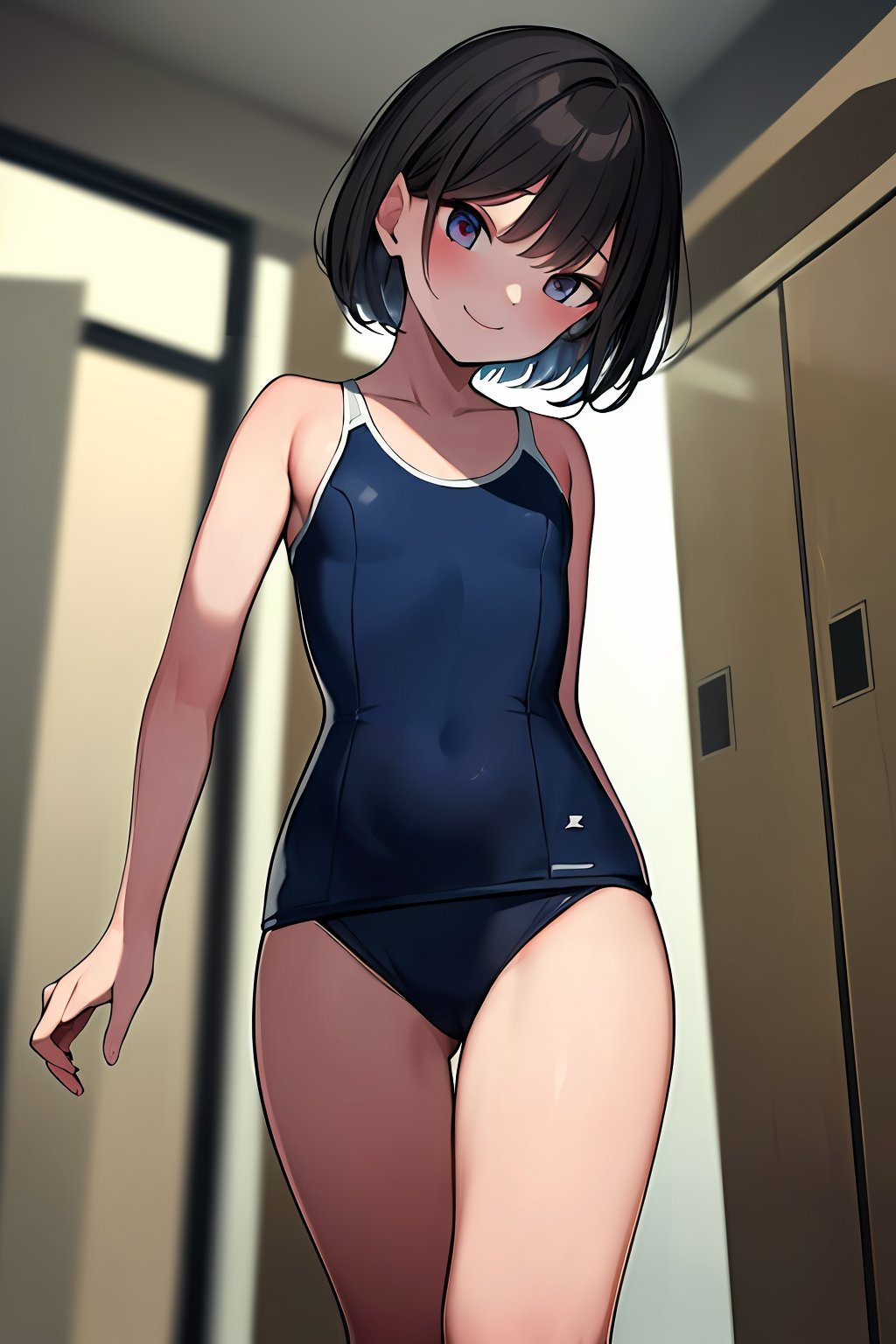 ((masterpiece, best quality, absurdres, highres, ultra detailed, high resolution, very fine 8KCG wallpapers)), 1 girl, solo, camonome, smile, stading, school swimsuit, KK-70, navy one-piece swimsuit, indoor, locker room<lora:EMS-333968-EMS:1.000000>