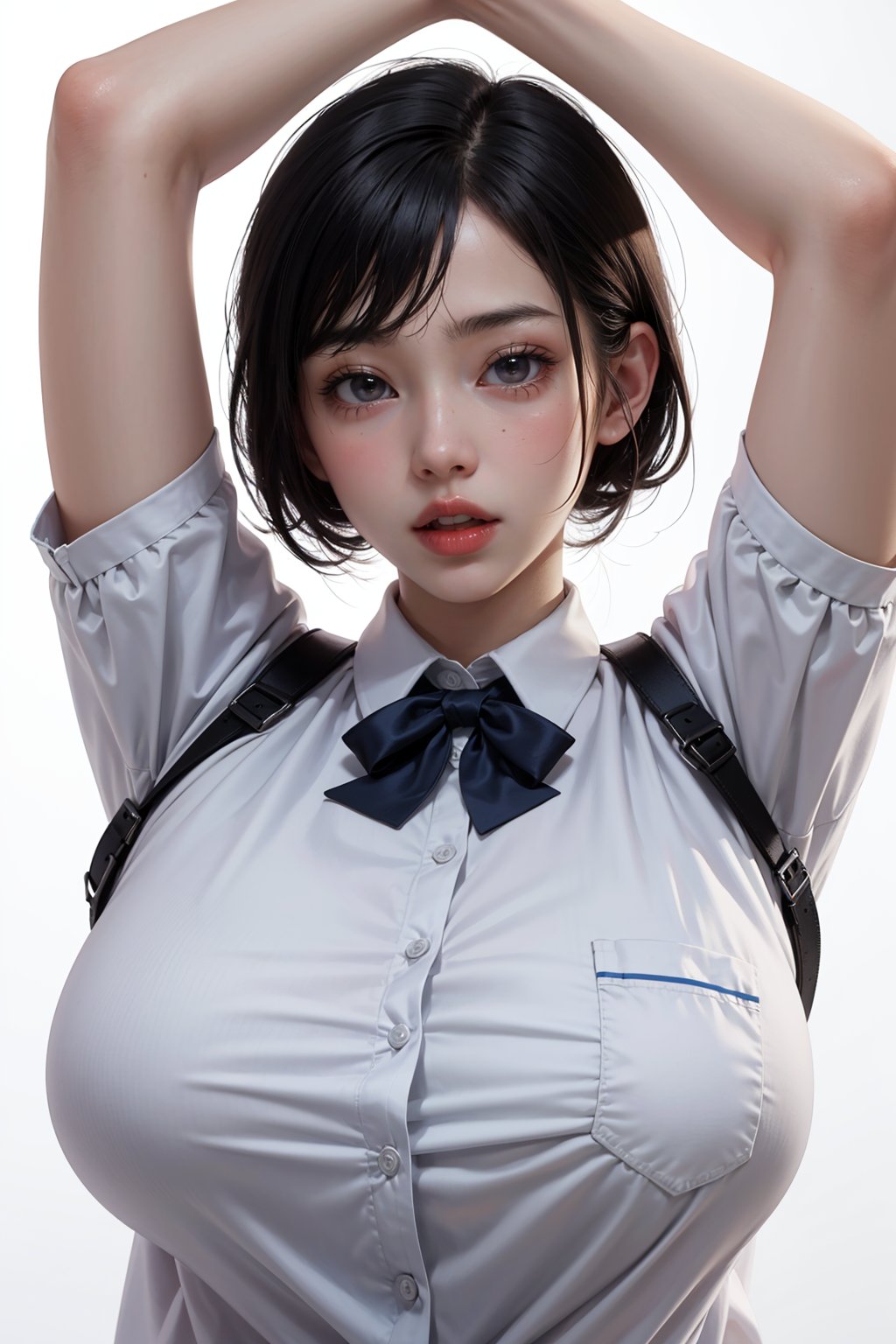 1girl, huge breasts, school_uniform, upper body, arms up, ahegao face, tongnue_out