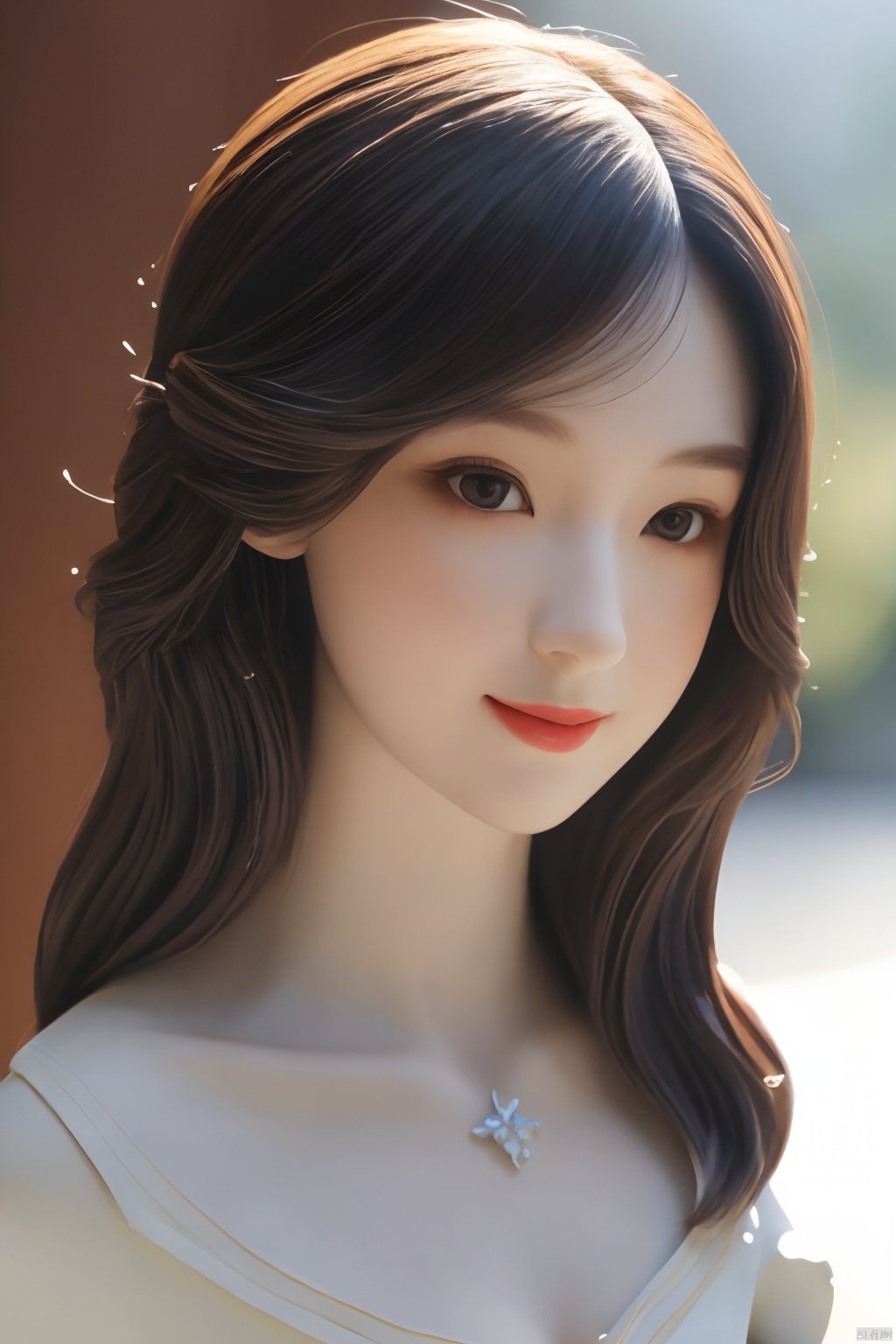 Cute girl,sweet,blushing,sun lighting,sunlight on the girl's face,very attractive,charming,realistic,detailed,8K RAW,4k photo,masterpiece,(upper_body:1.2),good structure,smile,( Porcelain girl:1.1),1girl,solo,huge filesize,Cinematic Lighting,Tyndall effect,blurry,(bust:1.3),close-up,black hair,long hair,