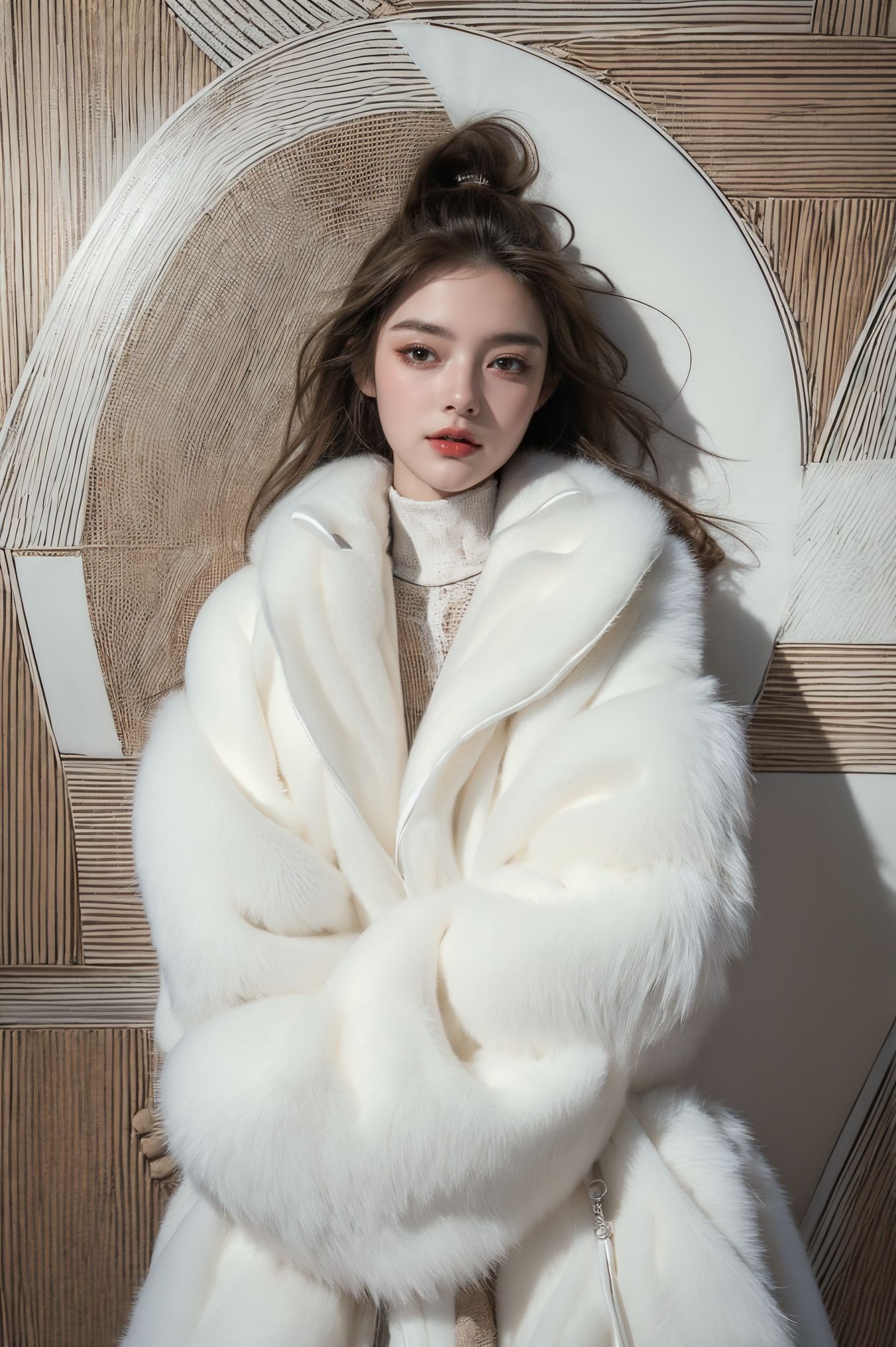 (masterpiece, top quality, best quality, official art, beautiful and aesthetic:1.2),cover art,illustration minimalism,zentangle Alluring (Ginkgo:1.1),sleek,covered in Posters,intricate,abstract,monochrome,patterns,meditative,highly detailed,xuer white fur coat,<lora:绪儿-皮草车内场景 xuer white fur coat:0.8>,