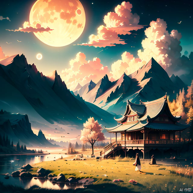 outdoor, sky, clouds, trees, no one, night, moon, meadow, landscape, full moon, rocks, mountains, architecture, east asian architecture, peach blossom grove, girl