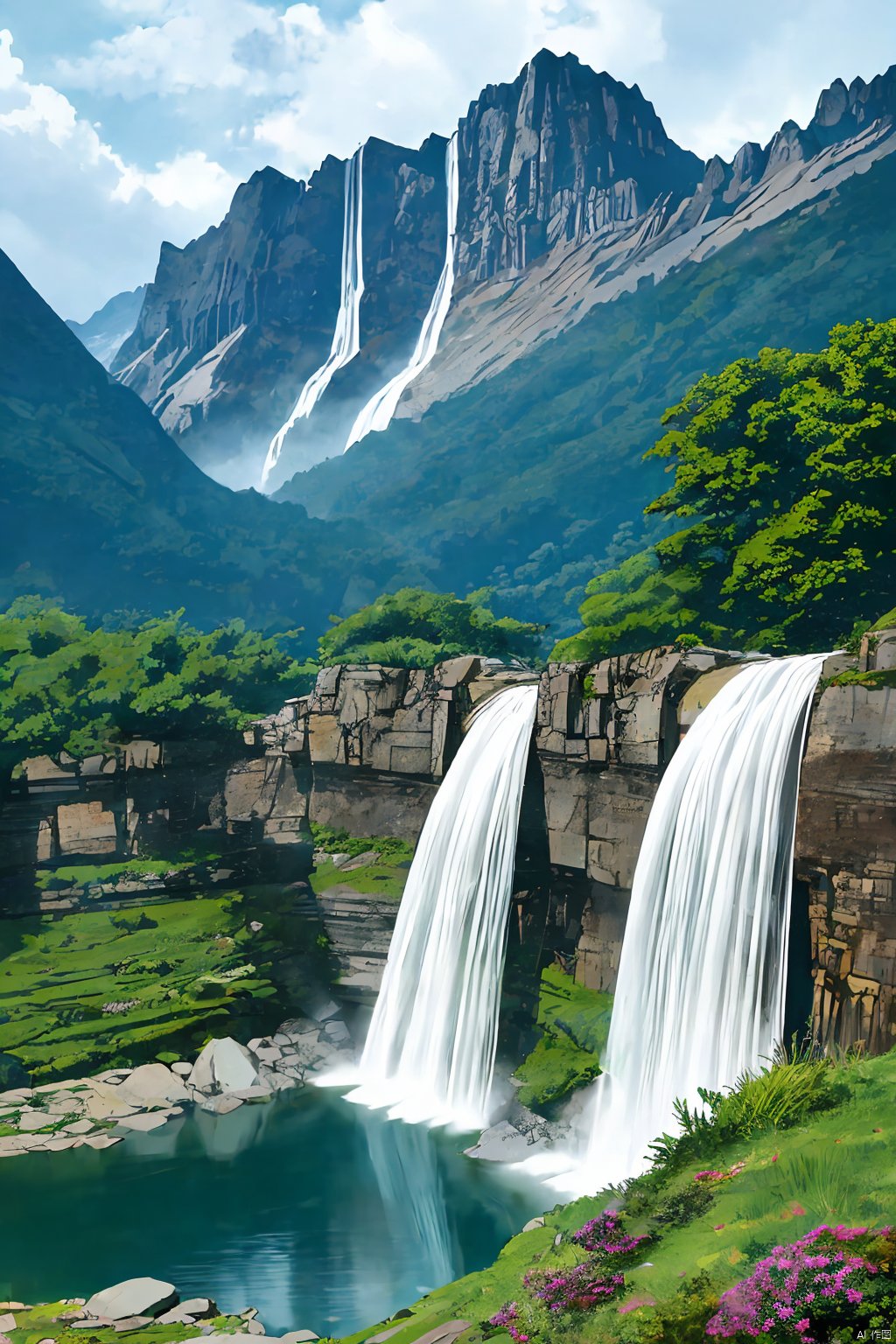 best quality,comic line style,ourdoors,mountain.lake,riveer,water fall,