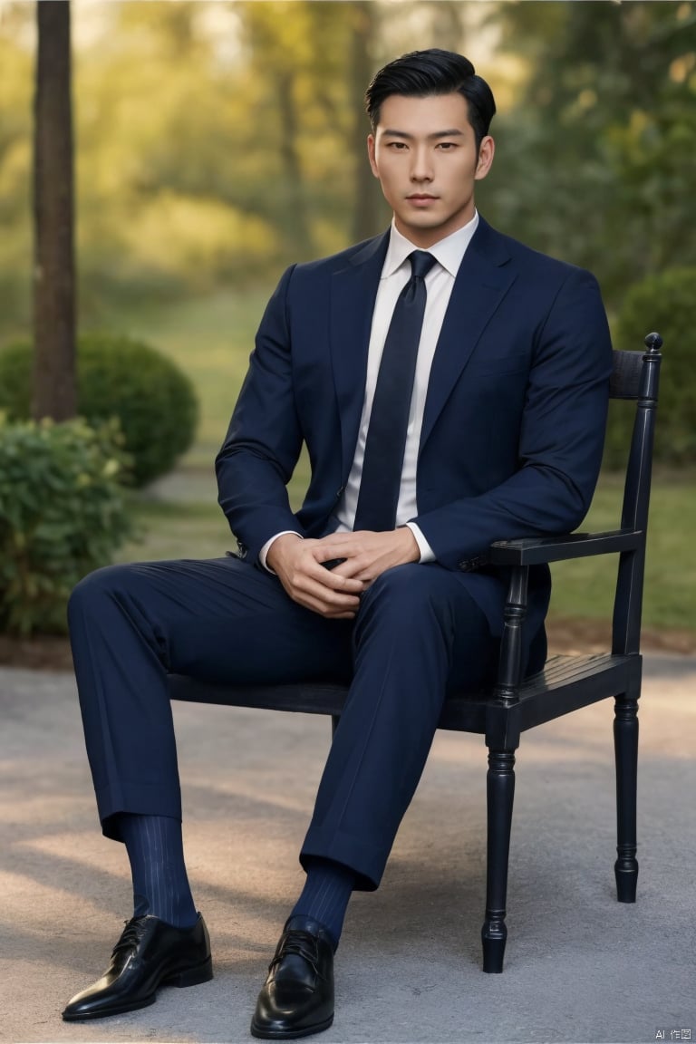  jzns,1man,male focus,asian,exquisite facial features,handsome,formal suit,necktie,pants,(navy sheer socks),footwear,sitting,crossed legs,Volumetric lighting,blurry,full shot,outdoors,masterpiece, realistic, best quality, highly detailed, Ultra High Resolution,profession, jznssw,br