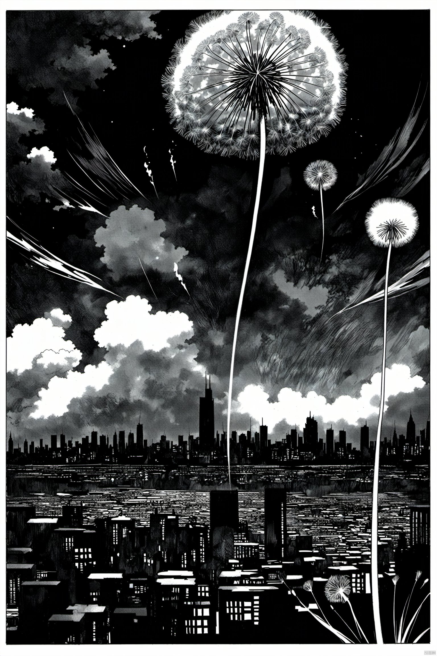  comic style,monochrome,greyscale,
giant dandelion made of clouds,giant dandelion floating on air,fantasy,sky line,city line,fantasy theme,clouds,night,