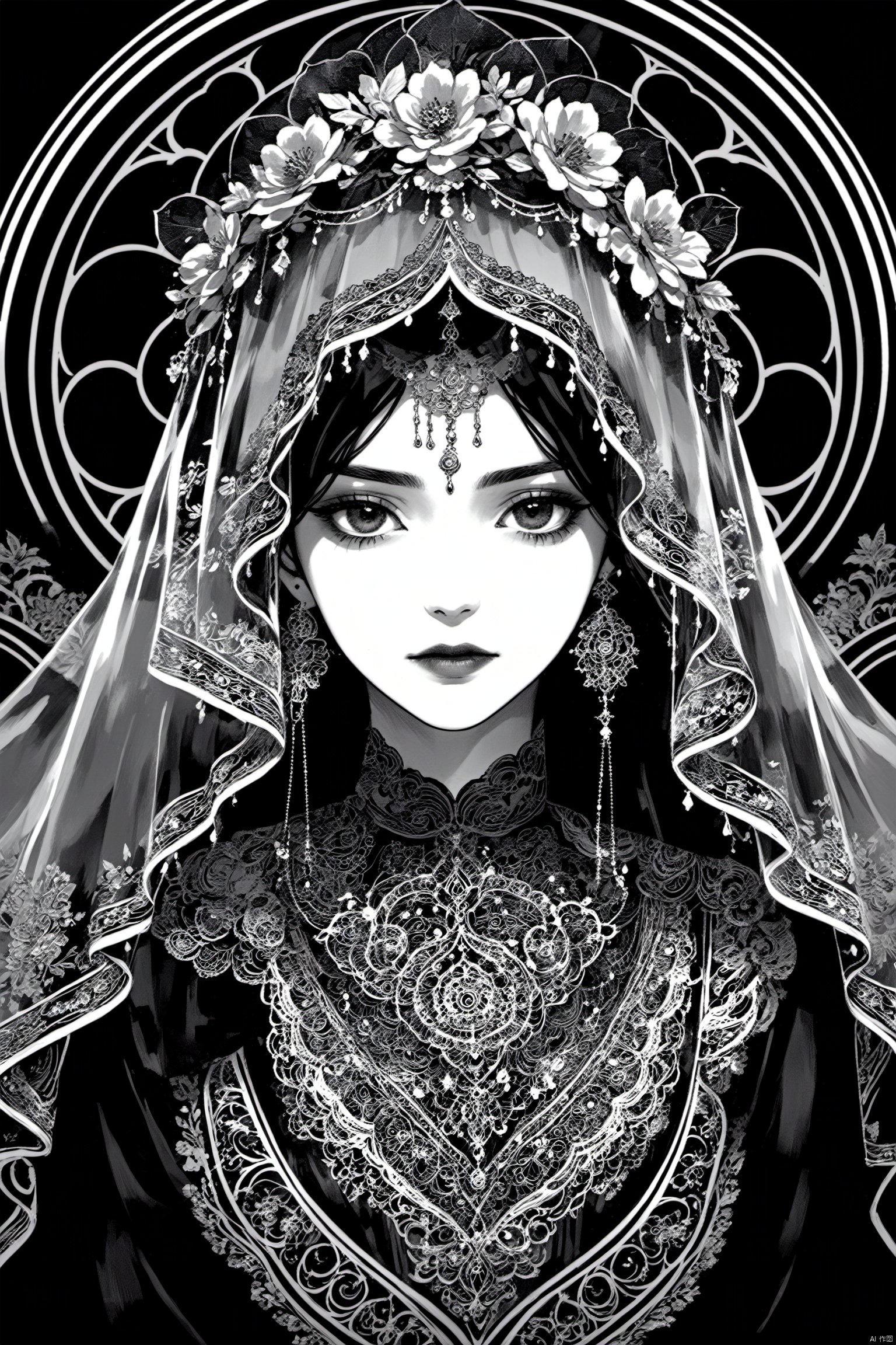  best quality,line art,line style,
the essence of a woman's face,partially obscured by a black veil. Her eyes,the windows to her soul,are the focal point of this image. They are large and expressive,framed by thick,dark eyelashes that add depth and intensity to her gaze. The veil,draped over her head and covering her mouth,adds an air of mystery and intrigue. A decorative headpiece adorns her forehead,its intricate design adding a touch of elegance and cultural significance. The background is a stark black,providing a stark contrast that accentuates the details of her face and the veil.The woman's position relative to the background suggests she is standing in front of it. The photograph beautifully encapsulates a moment of quiet contemplation and cultural richness.,