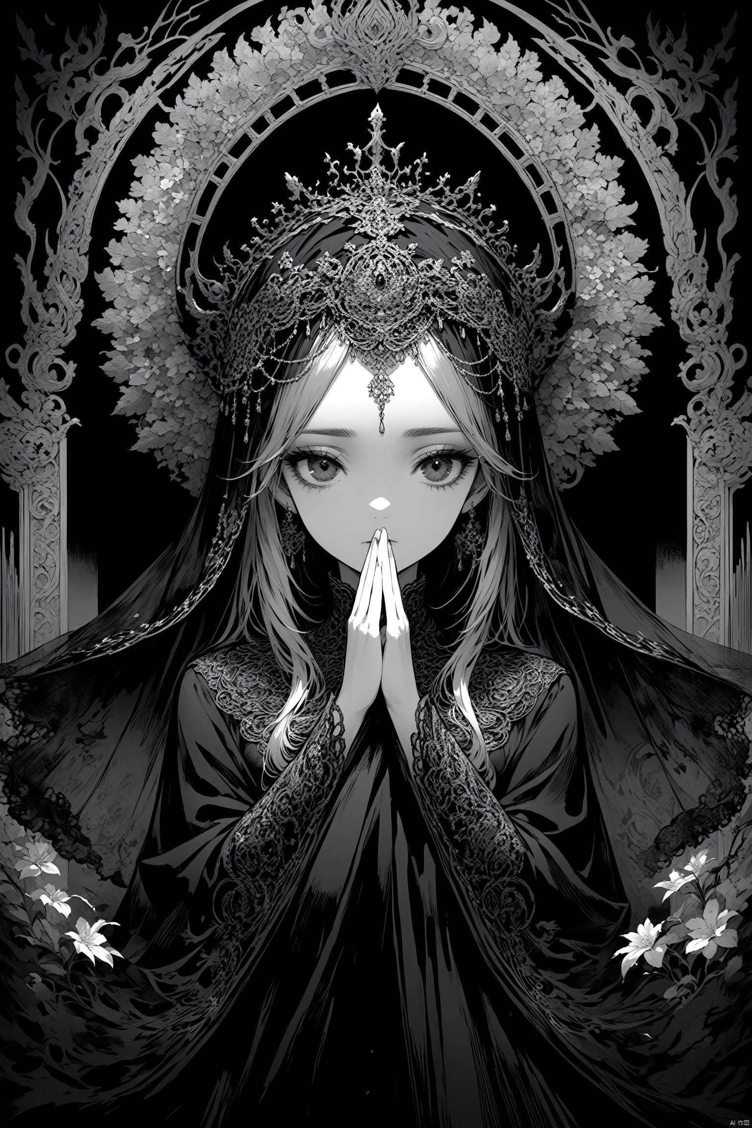  best quality,line art,line style,
the essence of a woman's face,partially obscured by a black veil. Her eyes,the windows to her soul,are the focal point of this image. They are large and expressive,framed by thick,dark eyelashes that add depth and intensity to her gaze. The veil,draped over her head and covering her mouth,adds an air of mystery and intrigue. A decorative headpiece adorns her forehead,its intricate design adding a touch of elegance and cultural significance. The background is a stark black,providing a stark contrast that accentuates the details of her face and the veil.The woman's position relative to the background suggests she is standing in front of it. The photograph beautifully encapsulates a moment of quiet contemplation and cultural richness., as style