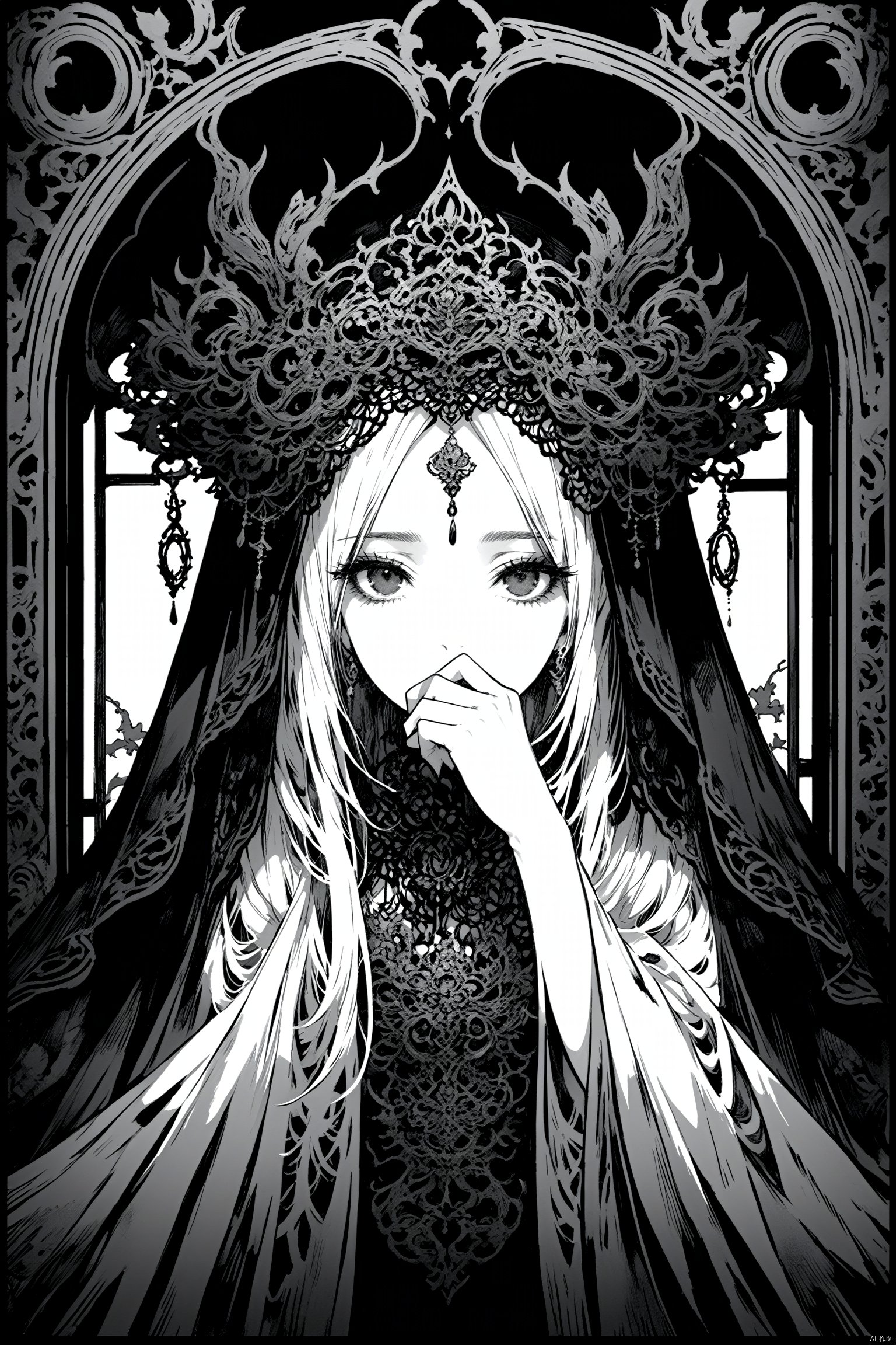  best quality,line art,line style,
the essence of a woman's face,partially obscured by a black veil. Her eyes,the windows to her soul,are the focal point of this image. They are large and expressive,framed by thick,dark eyelashes that add depth and intensity to her gaze. The veil,draped over her head and covering her mouth,adds an air of mystery and intrigue. A decorative headpiece adorns her forehead,its intricate design adding a touch of elegance and cultural significance. The background is a stark black,providing a stark contrast that accentuates the details of her face and the veil.The woman's position relative to the background suggests she is standing in front of it. The photograph beautifully encapsulates a moment of quiet contemplation and cultural richness.,