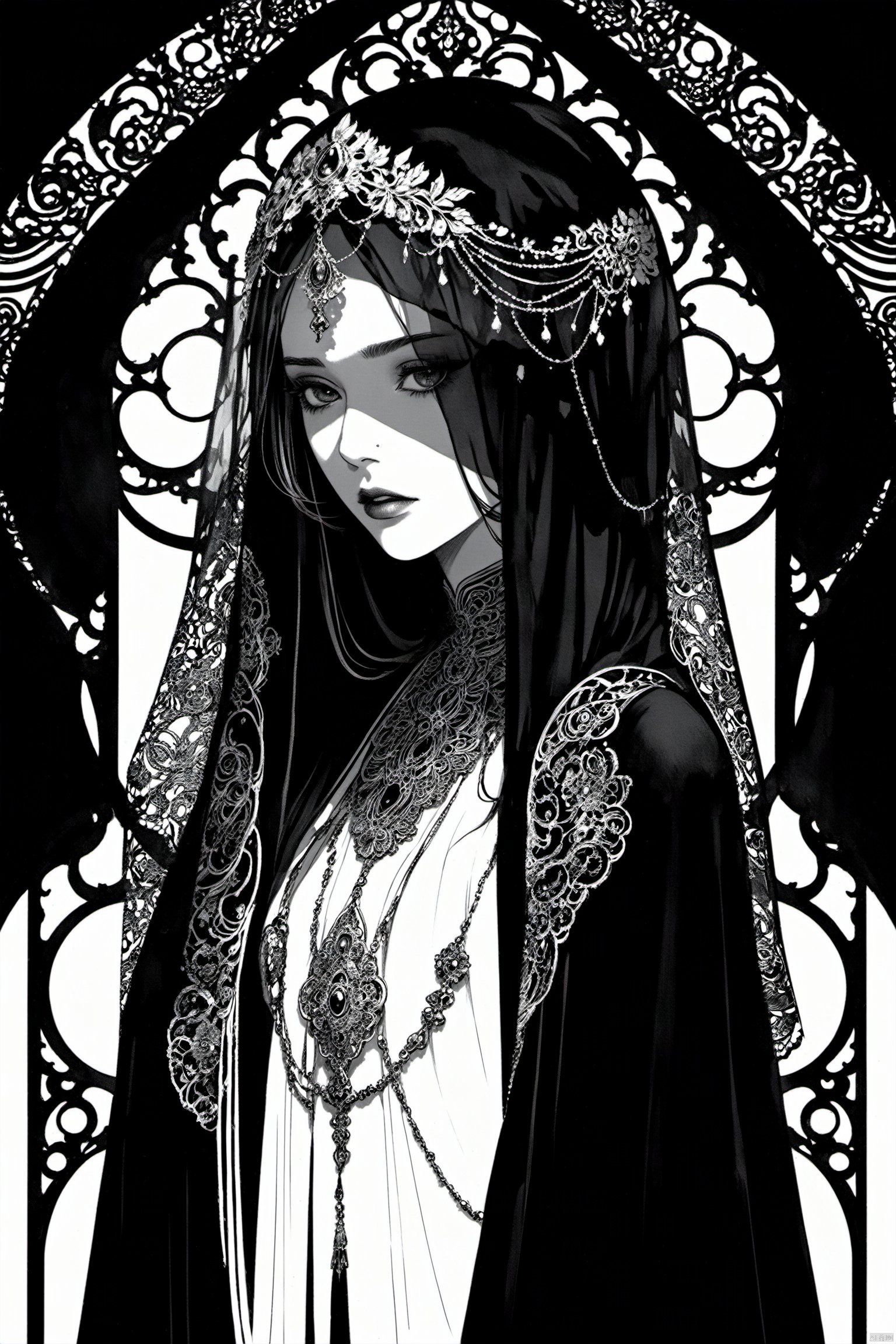  best quality,line art,line style,
the essence of a woman's face,partially obscured by a black veil. Her eyes,the windows to her soul,are the focal point of this image. They are large and expressive,framed by thick,dark eyelashes that add depth and intensity to her gaze. The veil,draped over her head and covering her mouth,adds an air of mystery and intrigue. A decorative headpiece adorns her forehead,its intricate design adding a touch of elegance and cultural significance. The background is a stark black,providing a stark contrast that accentuates the details of her face and the veil.The woman's position relative to the background suggests she is standing in front of it. The photograph beautifully encapsulates a moment of quiet contemplation and cultural richness.,