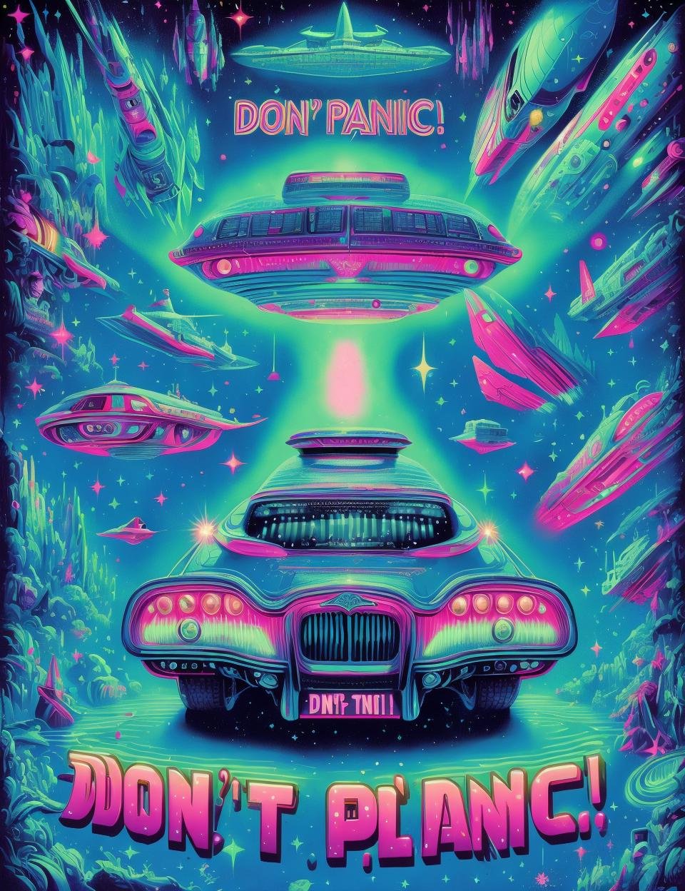 DonMD0n7P4n1c, text \"DON'T PANIC!\",retro scifi, big Conveyance, fins, rear defroster,    ethereal crystal, translucent,  fluffy cushioning, , <lora:DonMD0n7P4n1c:0.7>