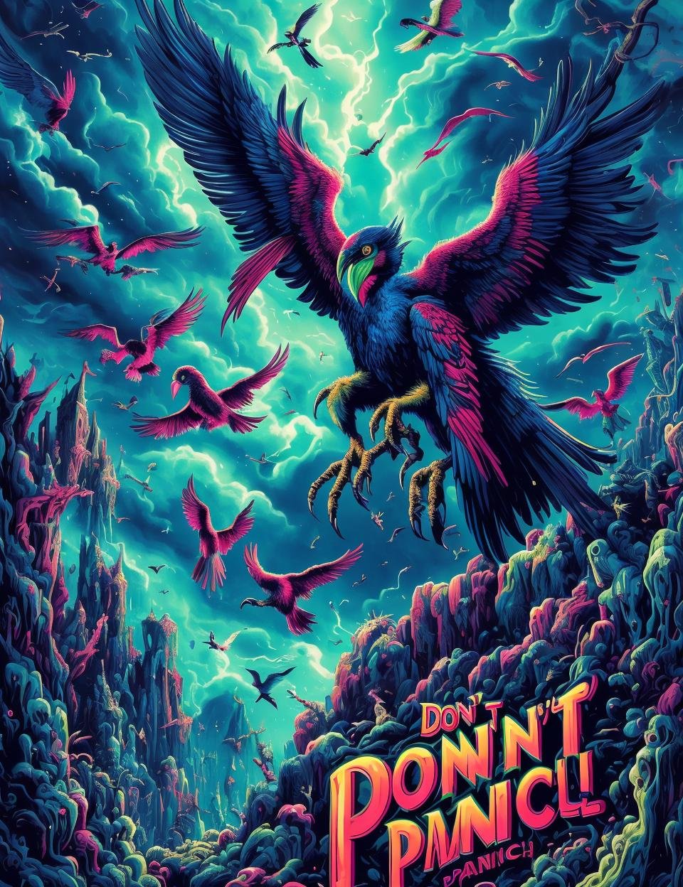 DonMD0n7P4n1c, text \"DON'T PANIC!\", witch, mix of human and bird features, humanoid upper body, sharp claws, feathery wings, powerful, , varied coloration,  distinctive and eerie screeching, stormy weather and winds, vengeance, punishment, wild, predatory, malevolent , <lora:DonMD0n7P4n1c:0.8>